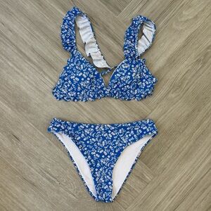 SHEIN Blue and White Floral Ruffle Bikini Set Size 170